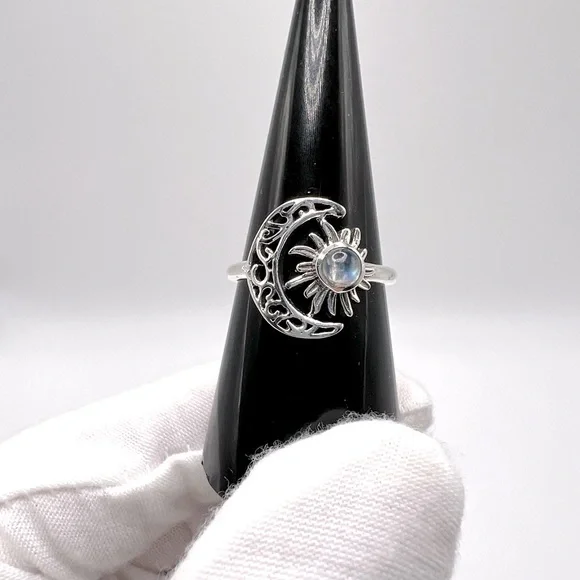 Genuine Rainbow Moonstone .825 Sterling Silver Filigree Crescent Moon & Sun Ring - Picture 3 of 17